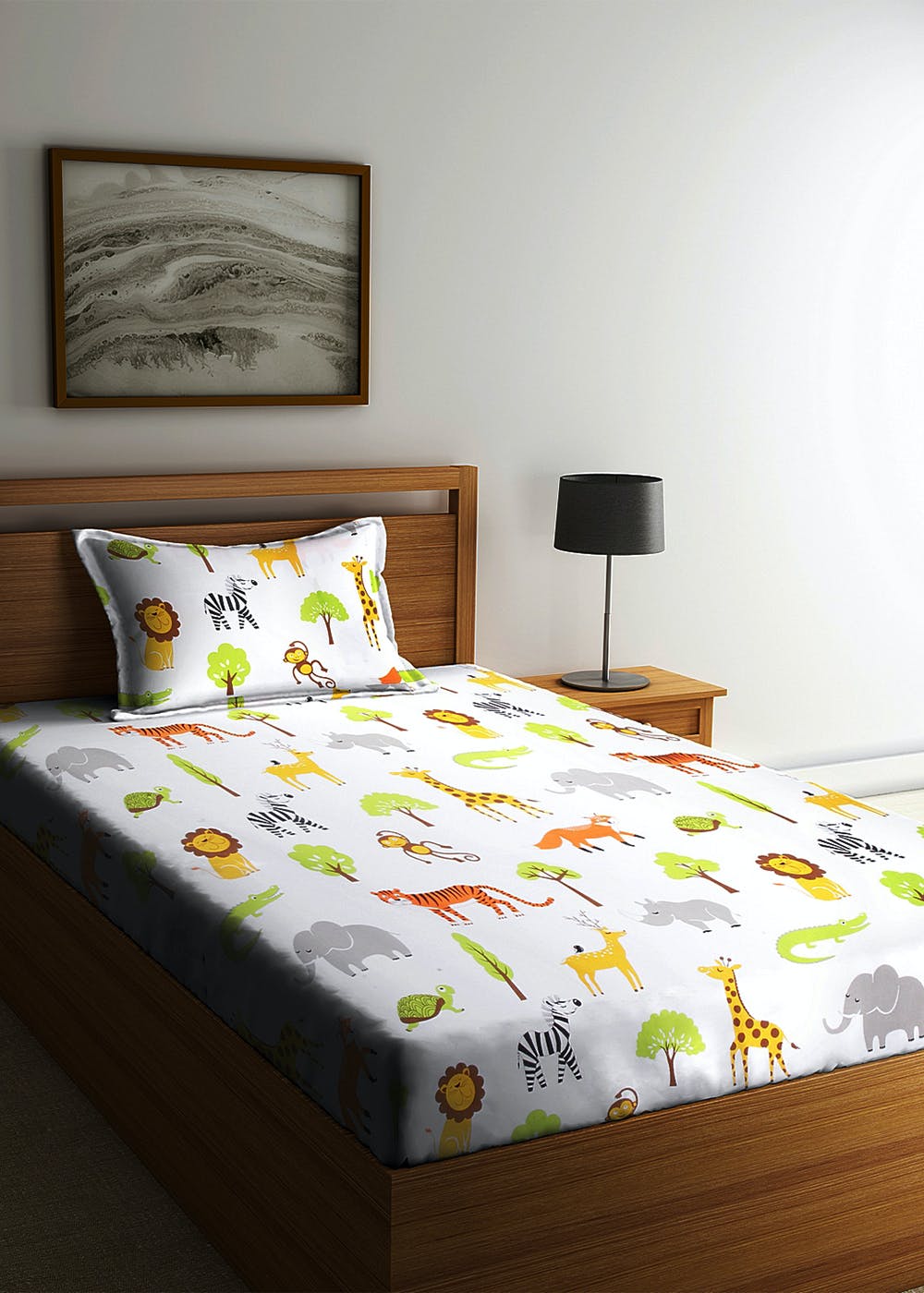 Multi Animal Printed 180 Thread Count Single Bed Sheet with One Pillow Cover (Zoo)