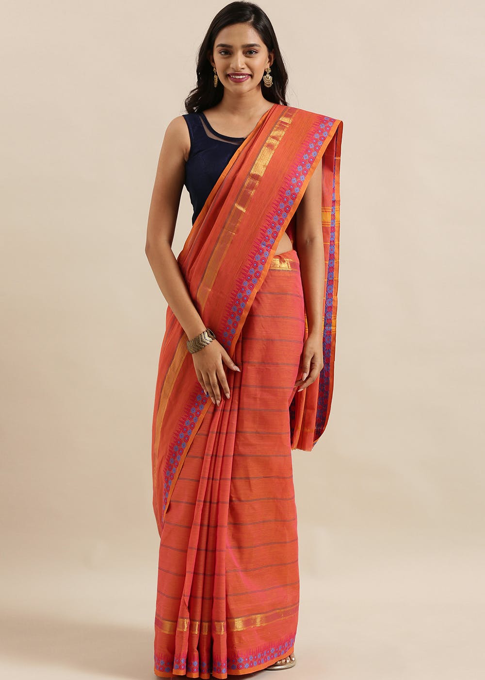 Get Two-tone Circle & Gold Trim Detail Coral Chettinad Cotton Saree At 