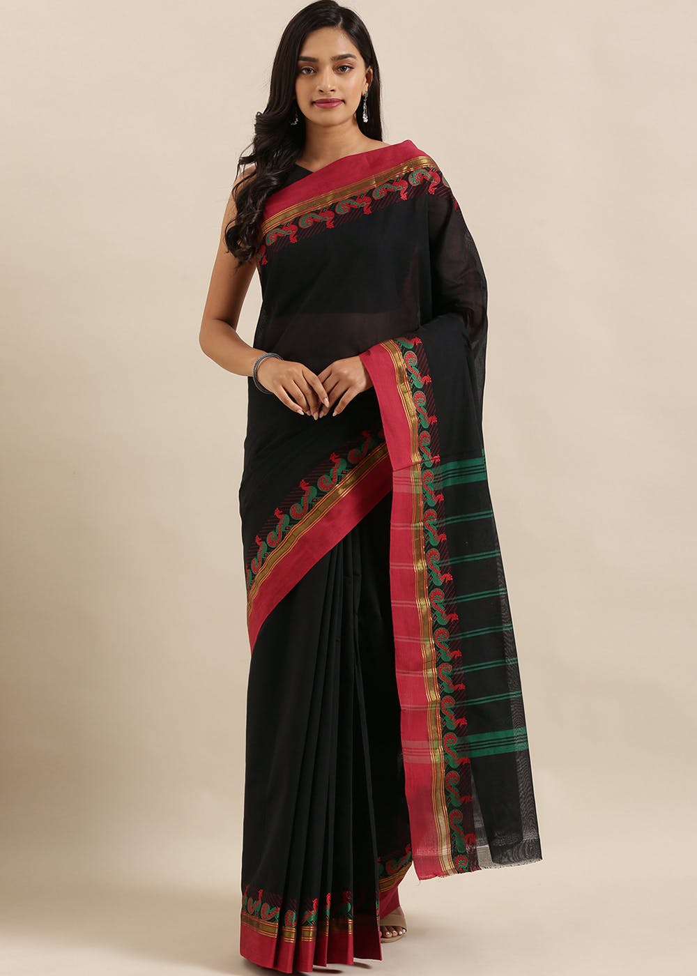Get Peacock Trim Detail Black Chettinad Cotton Saree at ₹ 1199 | LBB Shop