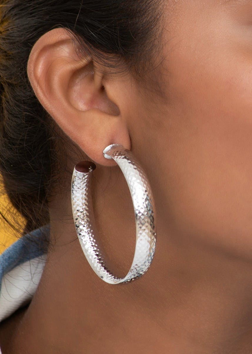 Silver Plated Textured Large Hoops