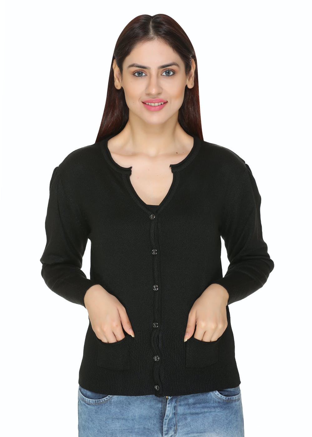 Sweetheart Neck Detail Solid Knit Button Down Cardigan (Freesize) - Black