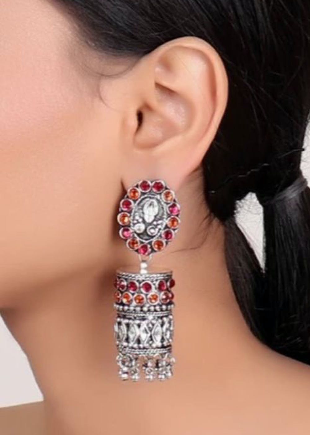 Red & Orange Stone Detail Circular Earrings