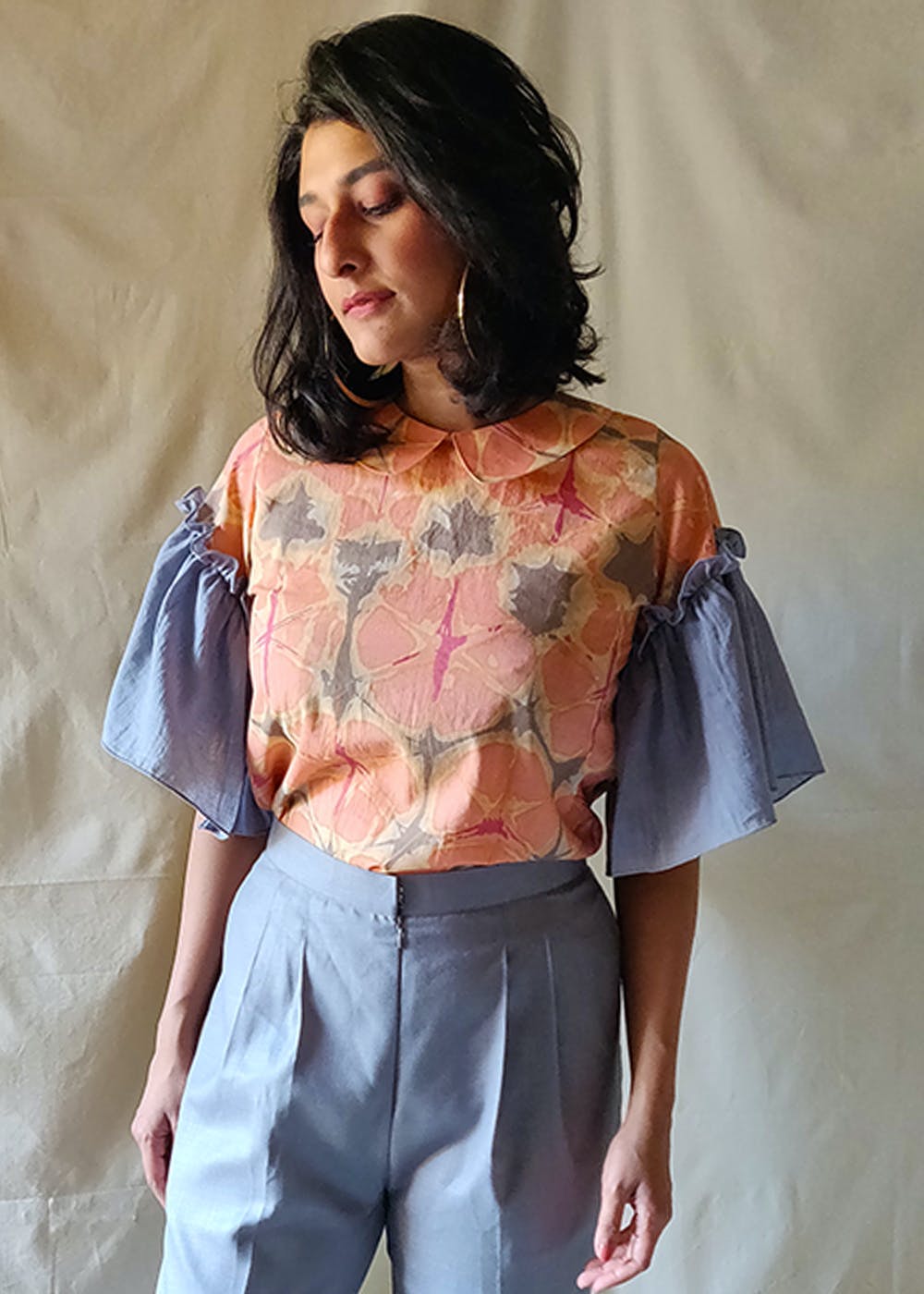 Get Contrast Ruffled Sleeves Detail Printed Orange Top at ₹ 1760 | LBB Shop