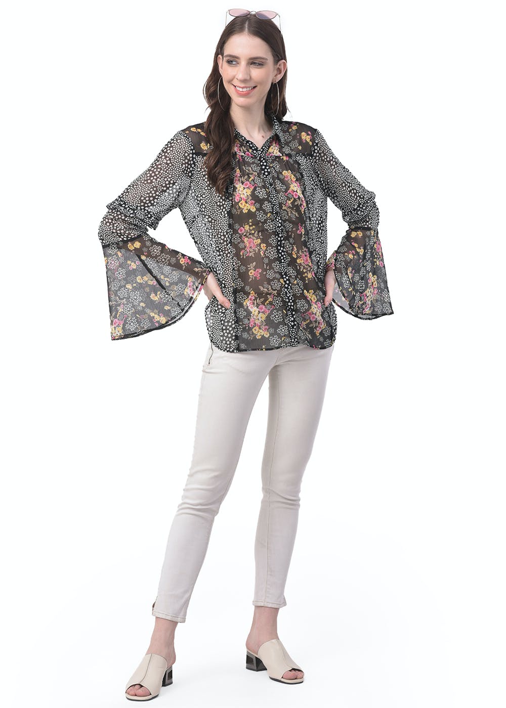 Bell Sleeves Detail Half & Half Printed Button Down Top