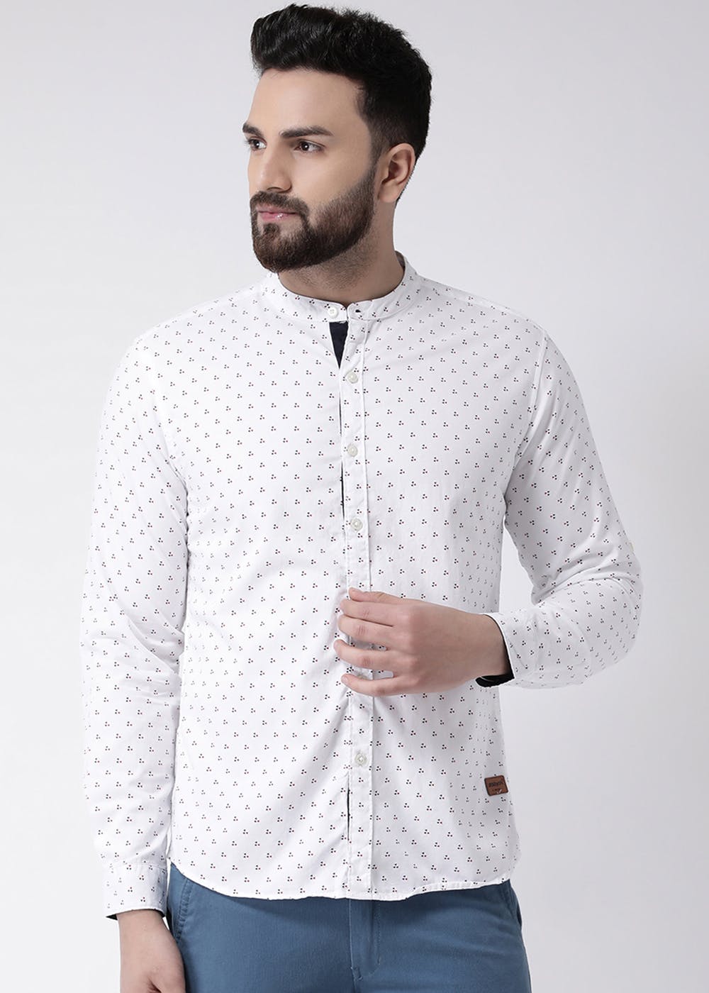 Get Triangle Printed White Mandarin Collar Shirt at ₹ 1049 | LBB Shop