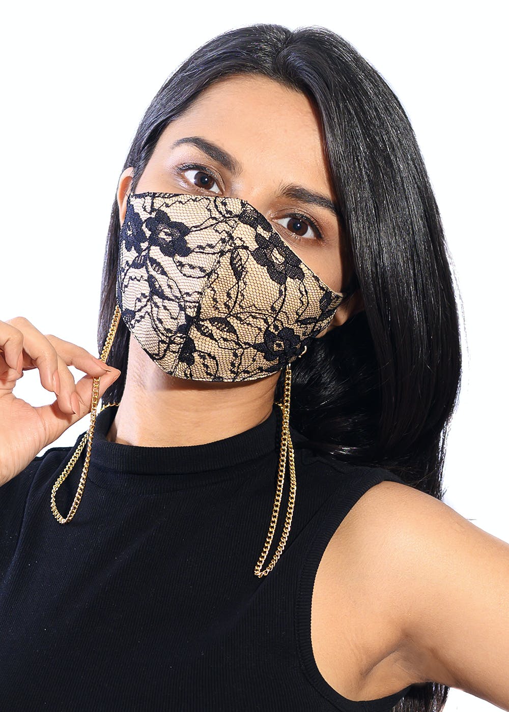 Nude And Black Luxurious Washable Lace Mask With Detachable Chain.
