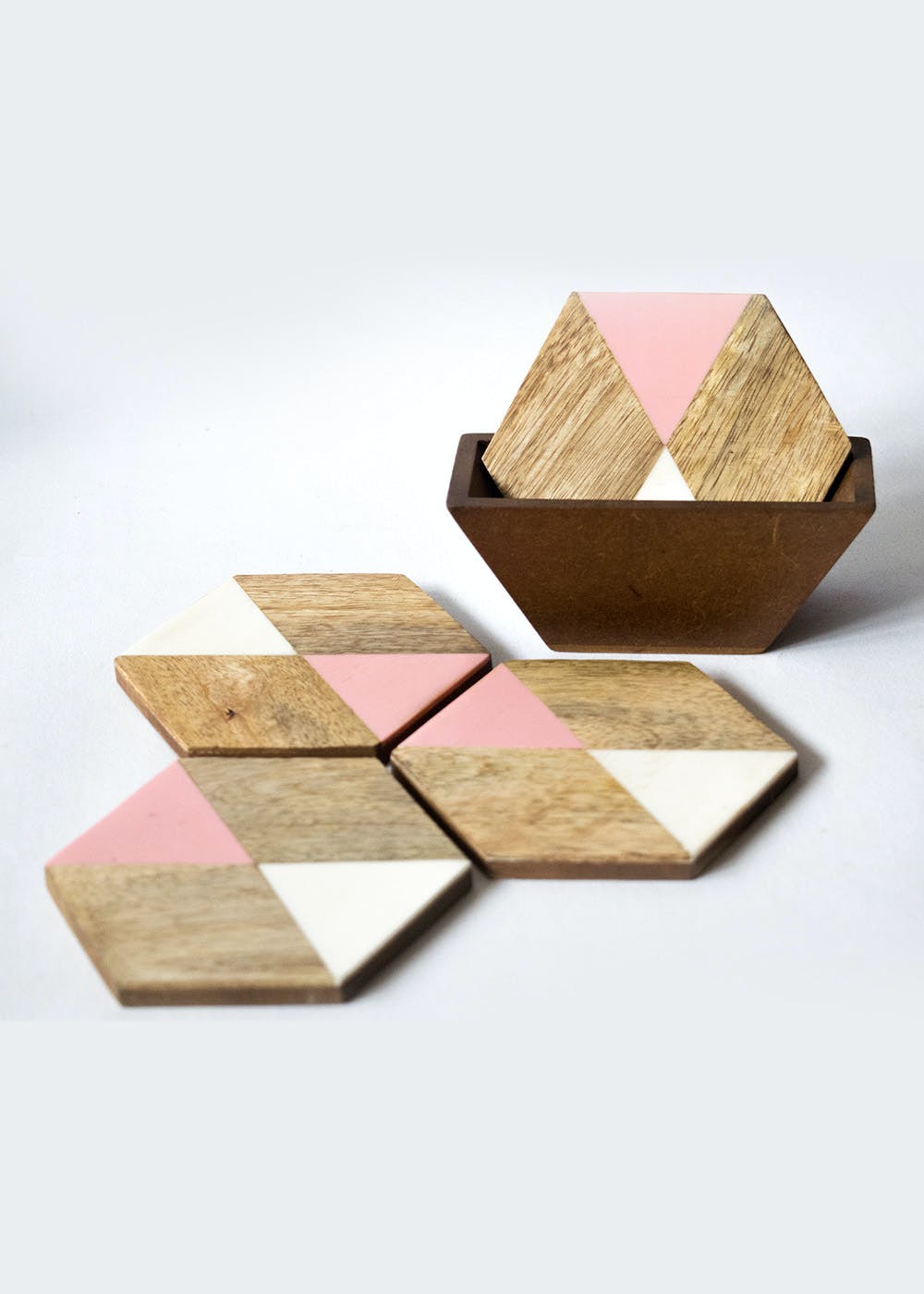 Get Pink Hexagon Wooden Coasters Set of 4 at ₹ 800 LBB Shop