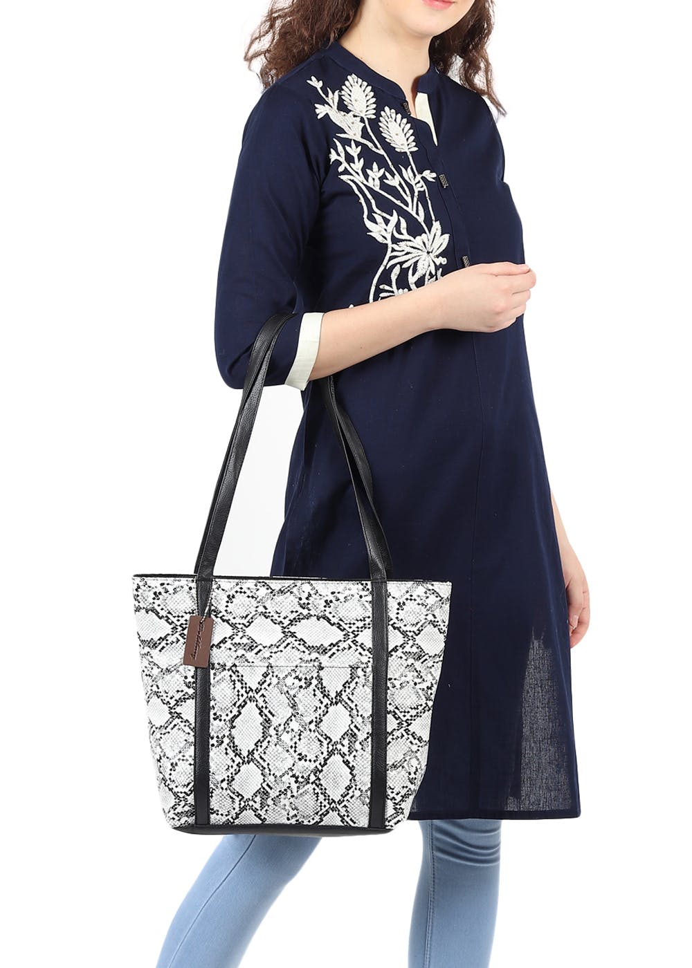 Snakeskin Effect Detail Contrast Paneled Handles Tote - White