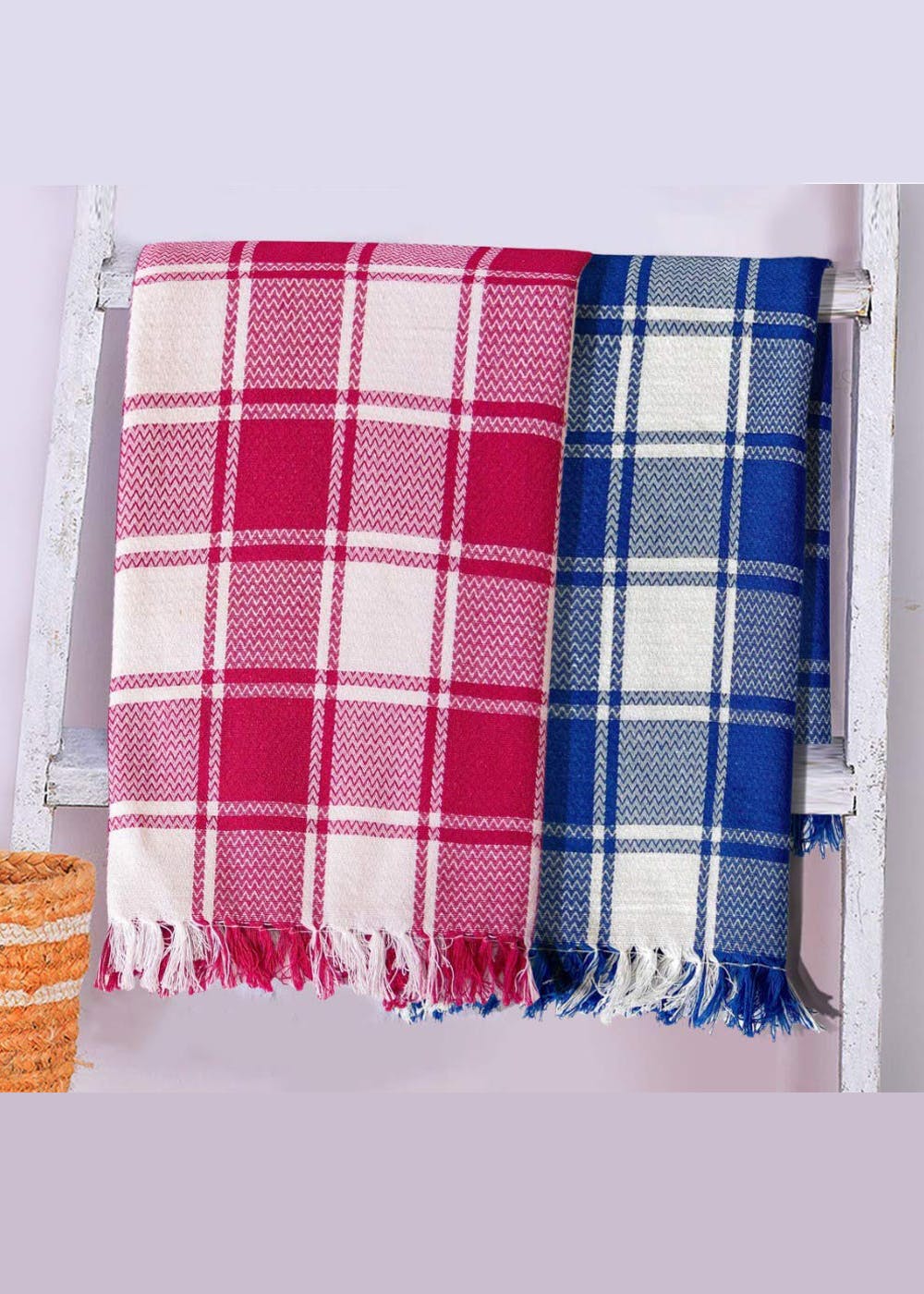 Get Rose & Blue Cotton Full Size Best Bath Towel Checks Combo Set Of