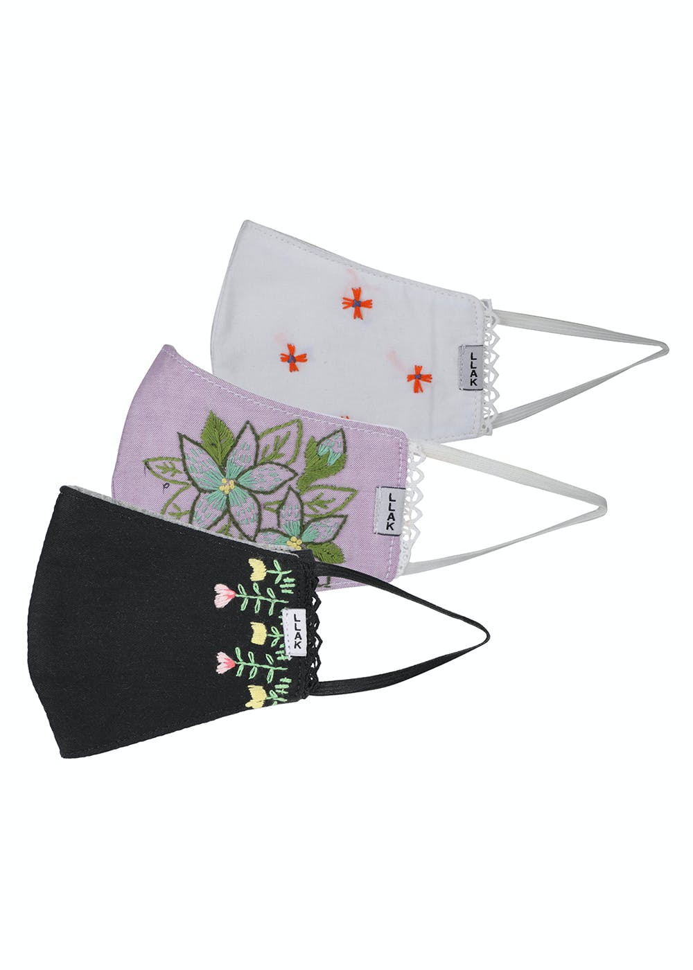 Pack of 3 Floral Embroidered Masks- Black, White & Lilac
