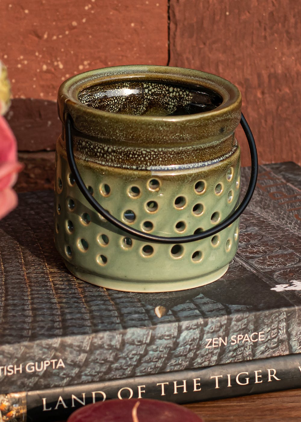 Noor Glazed Stoneware Lantern  - Green
