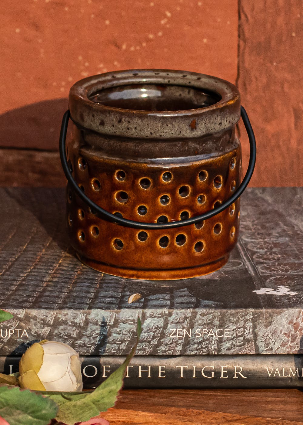Noor Glazed Stoneware Lantern  - Brown