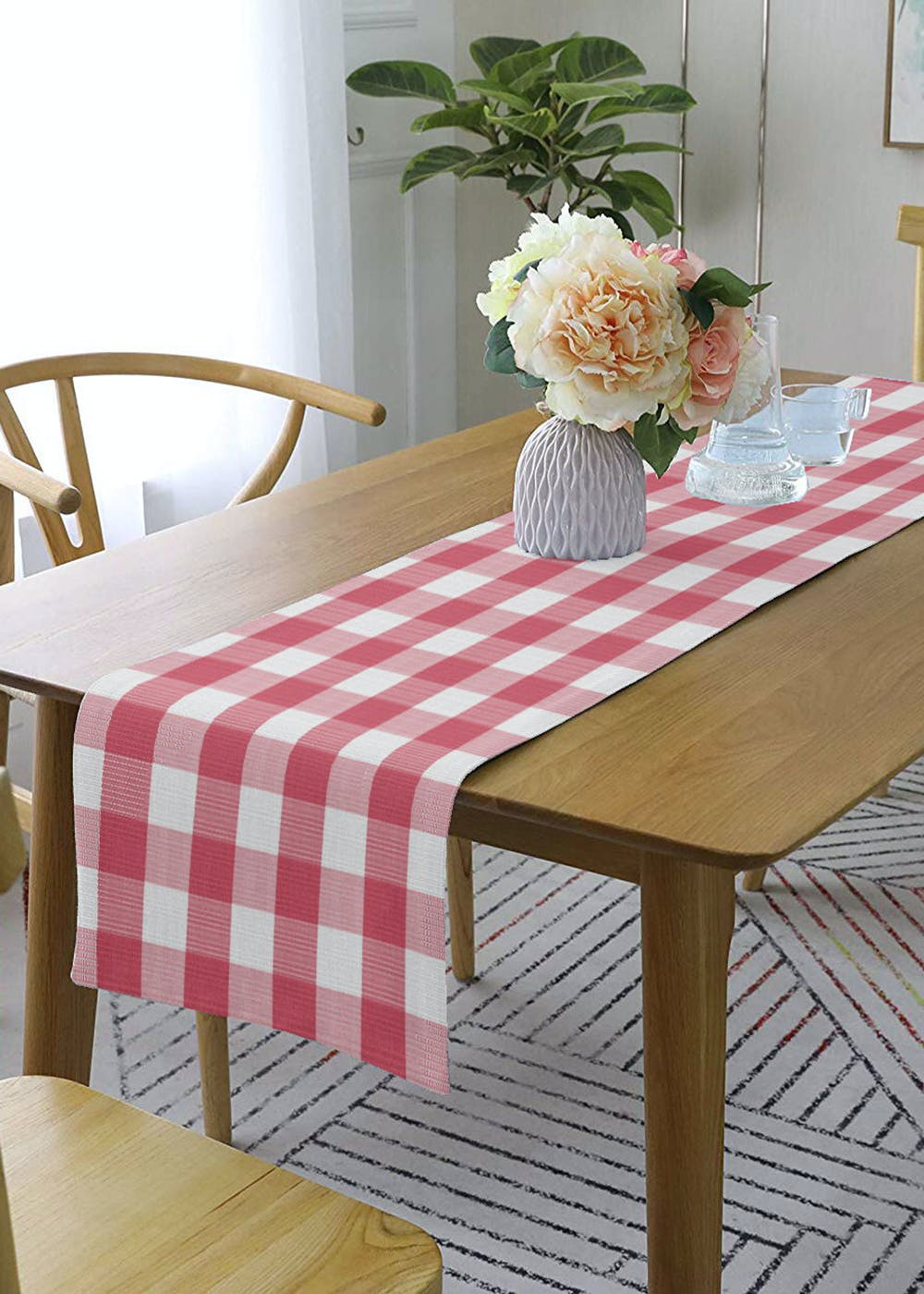 Get Buffalo Checks Baby Pink Crochet Ribbed Table Runner (Single Layer