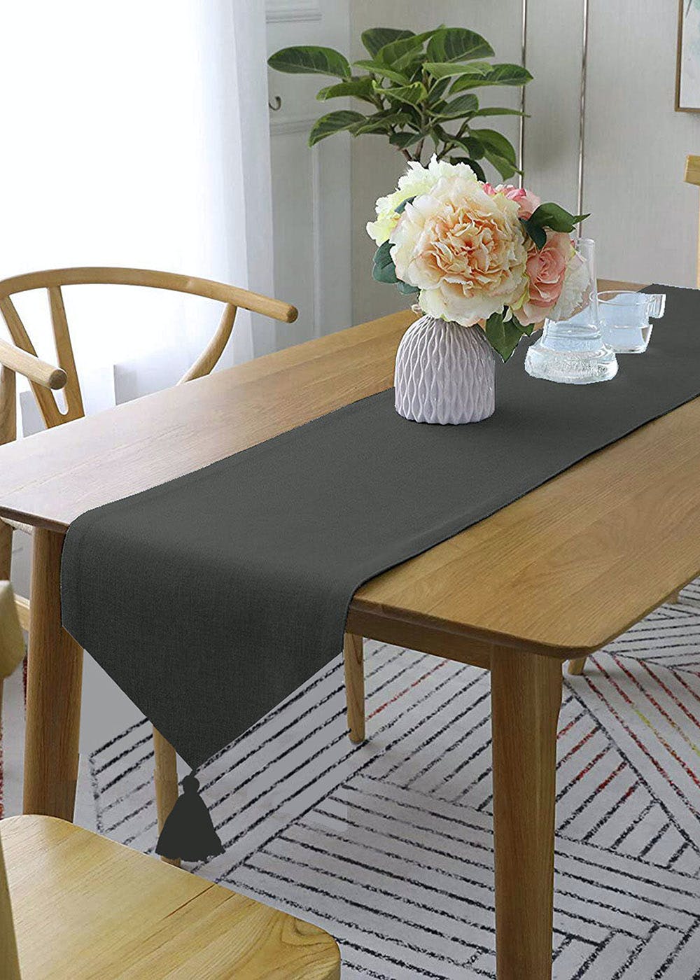 Get Dark Grey Classic Cotton Dining Table Runner With Coordinating