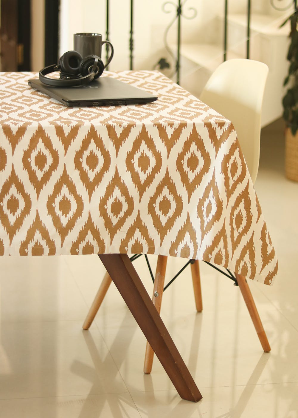 Ikat Beige, Wipeable And Anti-Slip Cotton Table Covers - 4 Seater Square