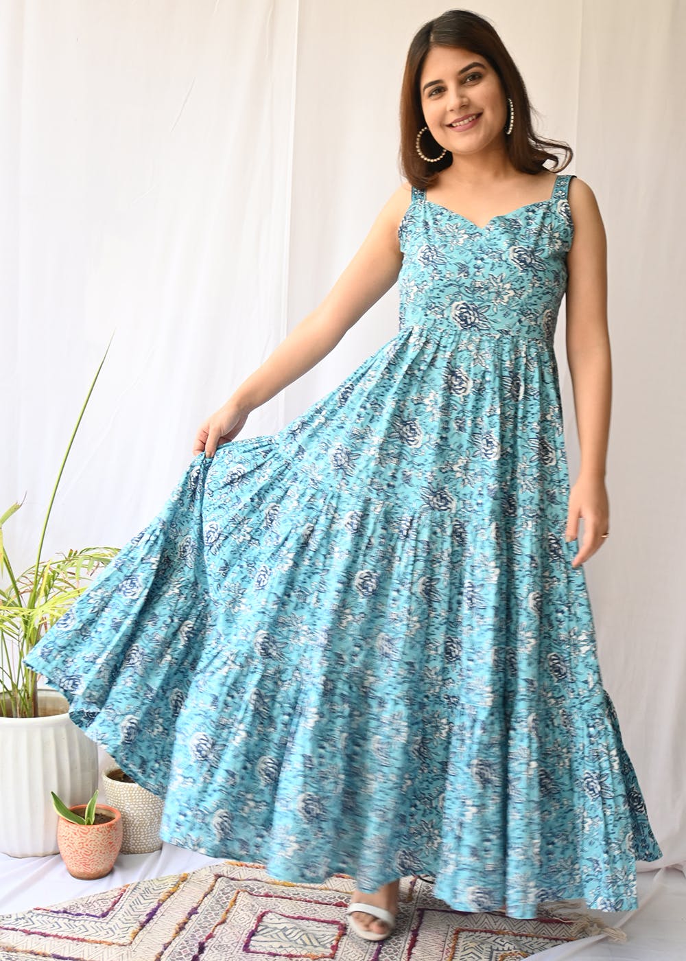 Sky Blue Printed Floral Gown – TheStylease.com