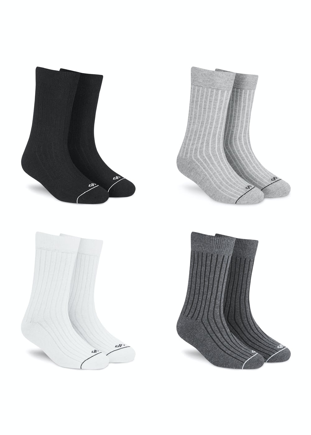 Pack of 4 Stripes Crew Socks- Charcoal, Black, Grey & White