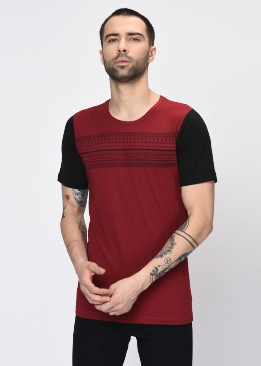 Colour Block Sleeves Printed Maroon T-Shirt 