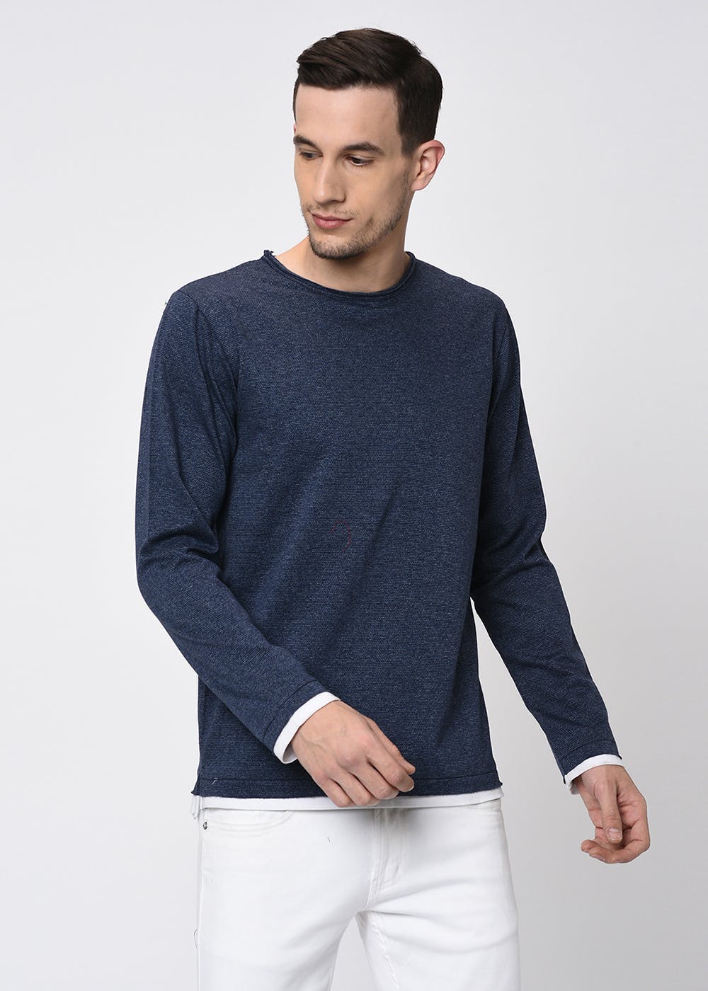 Get Layered Textured Blue Full Sleeves T Shirt at 422 LBB Shop