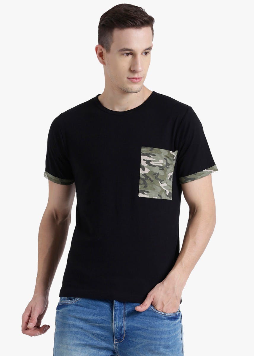 Handmade Camouflage Pocket Black T-Shirt