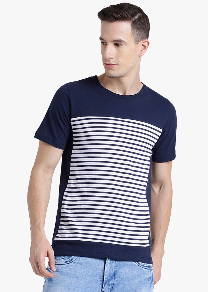 Get Handmade Stripe Patch Navy Blue T-Shirt at ₹ 359 | LBB Shop