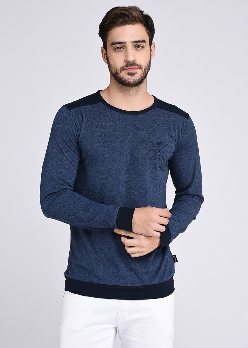 Get Contrast Back Yoke Full Sleeves Blue T-Shirt at ₹ 399 | LBB Shop