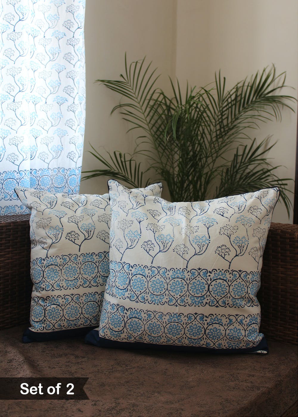 Sootisyahi 'Sky Blossom' Handblock Printed Cotton Cushion Cover Set-38 main image 0