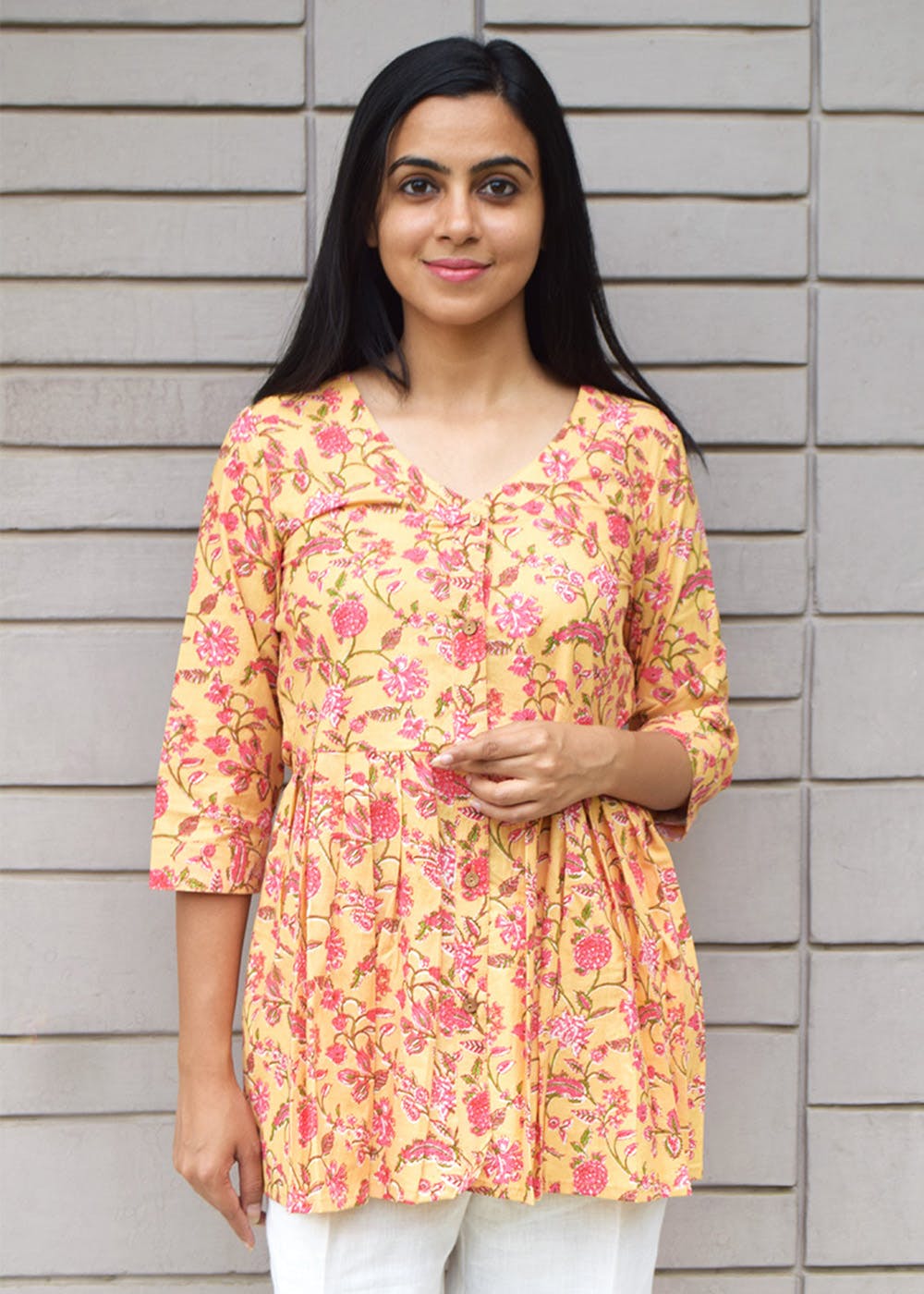 Get Floral Printed Yellow Pleated Kurti at ₹ 1100 | LBB Shop