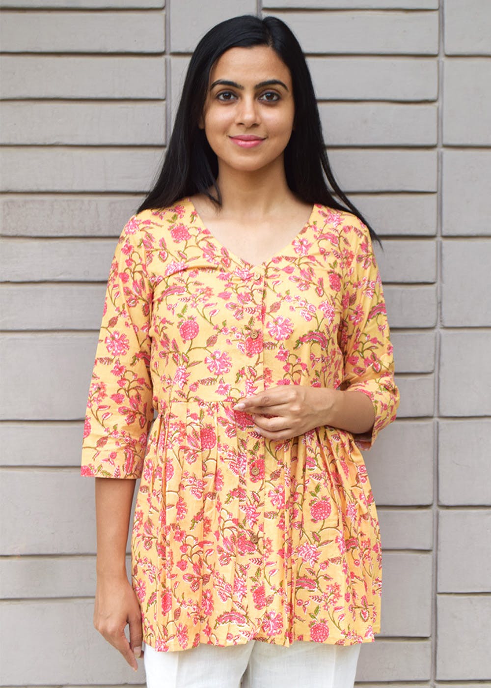 Floral Printed Yellow Pleated Short Kurti