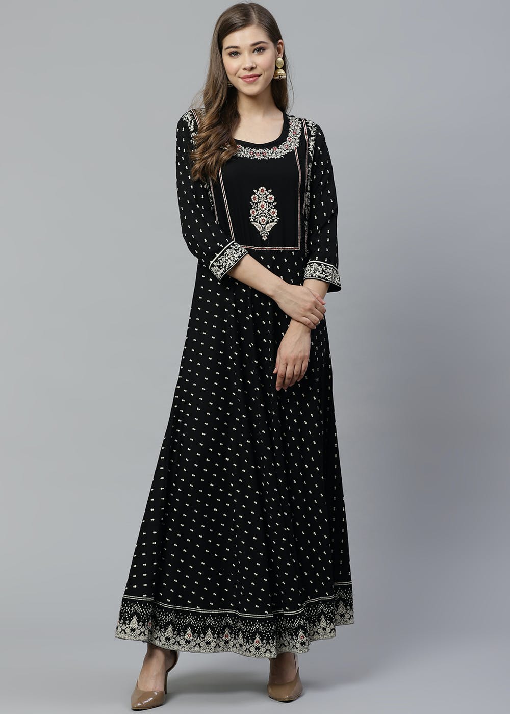 Floral Printed Yoke Detail Rayon Anarkali Kurta - Black