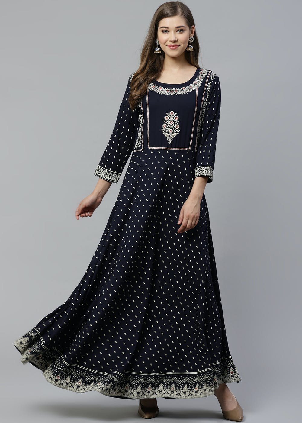 Floral Printed Yoke Detail Rayon Anarkali Kurta - Blue