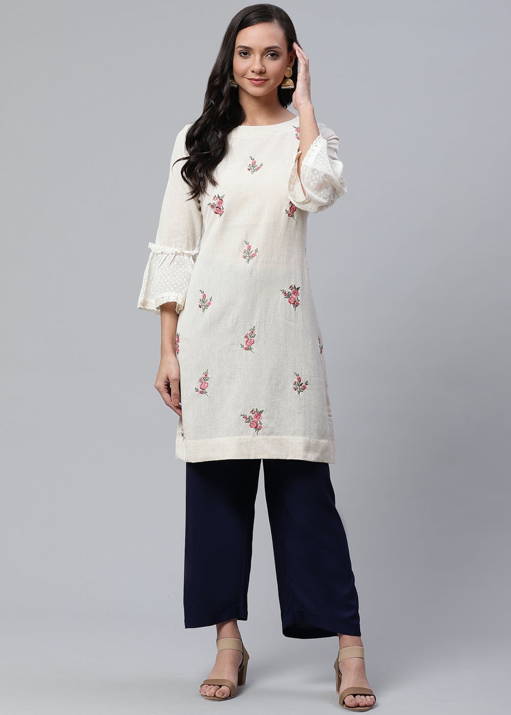 Get Floral Embroidered Off-White Khadi 