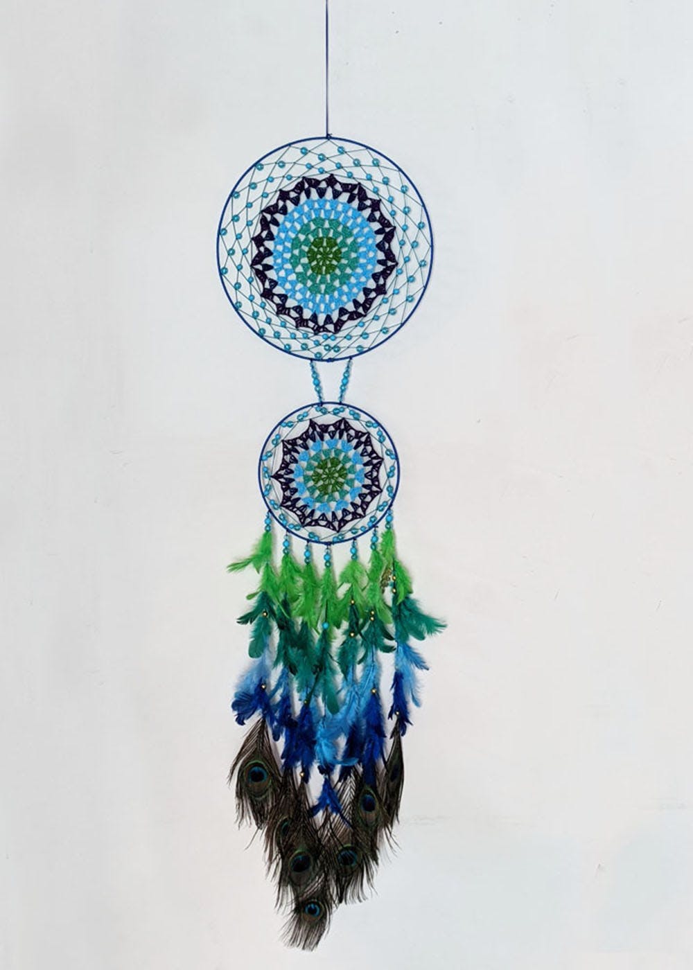 Handmade Dream Catcher With Peacock Feathers & Blue Feathers - Bohemian Wall Hanging Decor