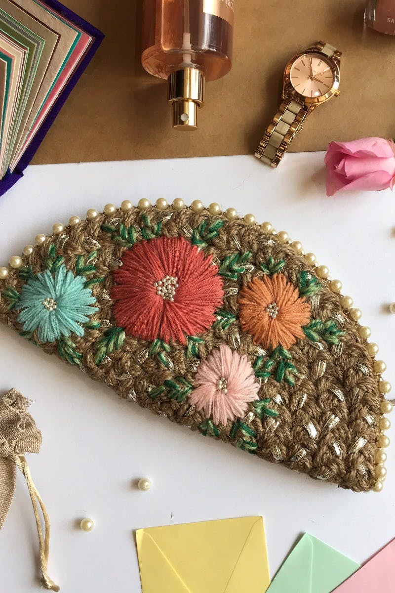 Handcrafted Embroidered Flowers Gota Jute Half Moon Clutch