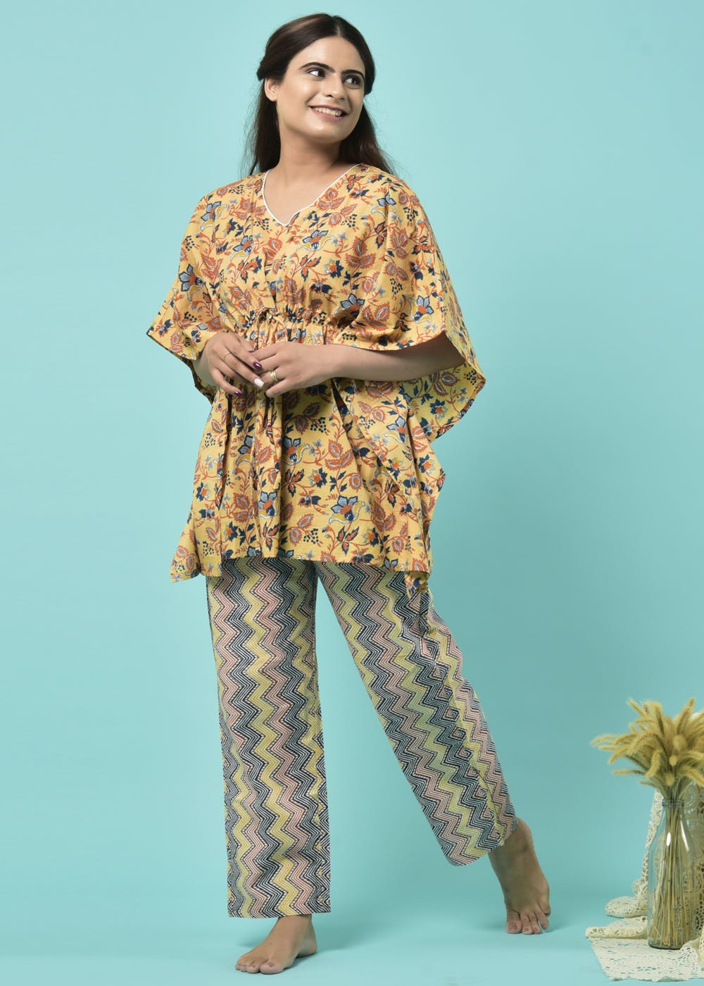 Get Floral Printed Yellow Kaftan Nightsuit Pyjama Set at ₹ 1299 | LBB Shop