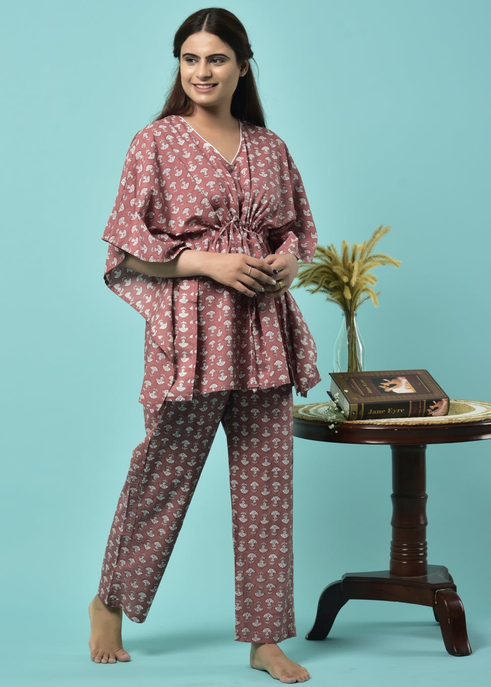 Get Floral Printed Rust Kaftan Nightsuit Pyjama Set at ₹ 1299 LBB Shop