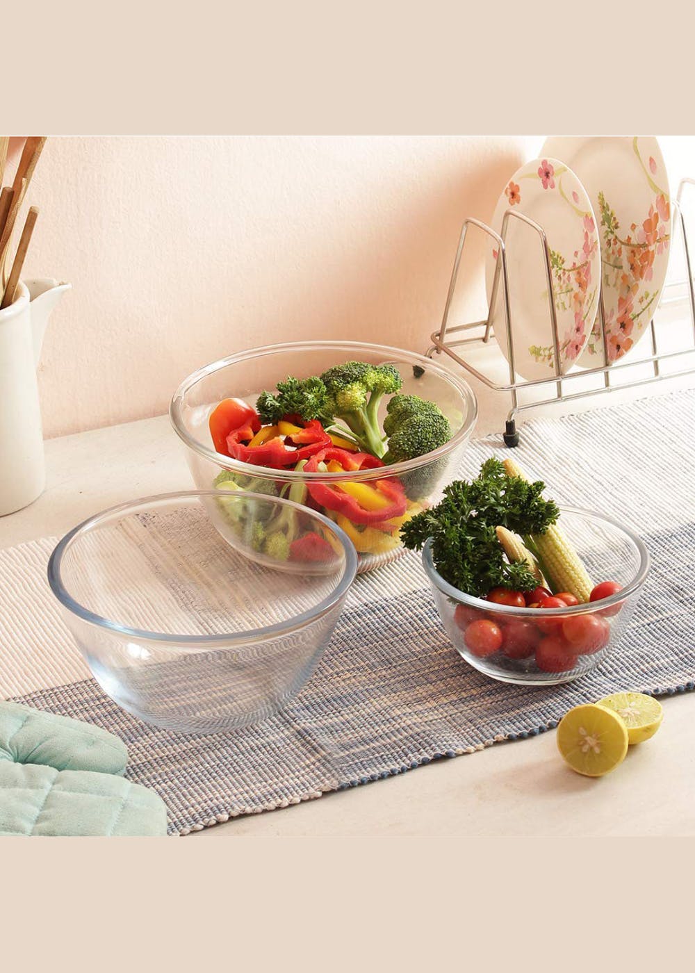 Borosilicate Glass Microwave Safe Mixing Bowls (400 ml, 1650 ml & 2100 ml) - Set of 3