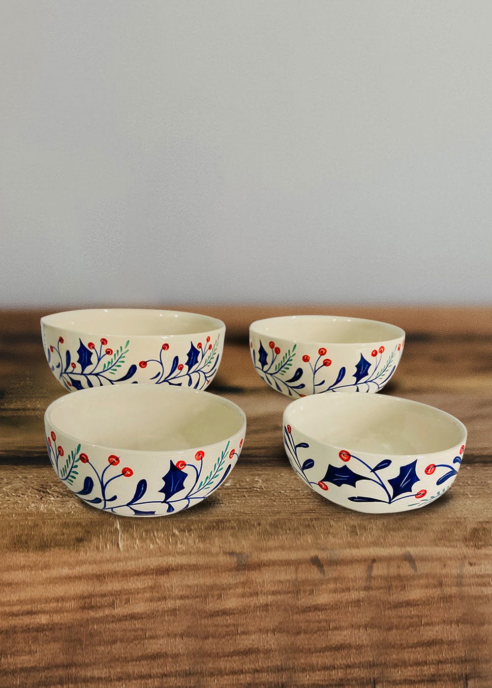 Blue Cherry Serving Ceramic Bowls - Set Of 4