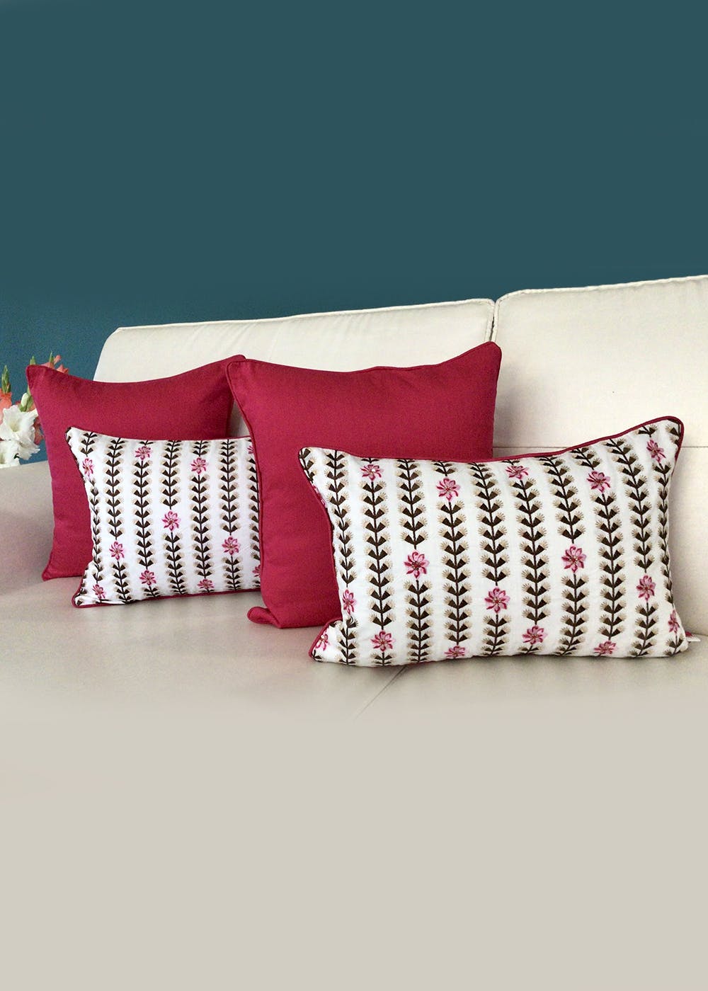 Get Embroidered Cushion Covers Set Of 4 12 X 18 And 16 X 16 Inches Floral Vines Fuchsia Pink