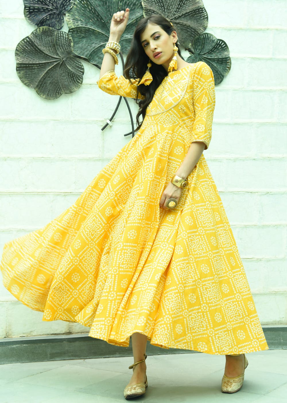 Yellow Color Lehriya Gotta Patti Border Frock Dress