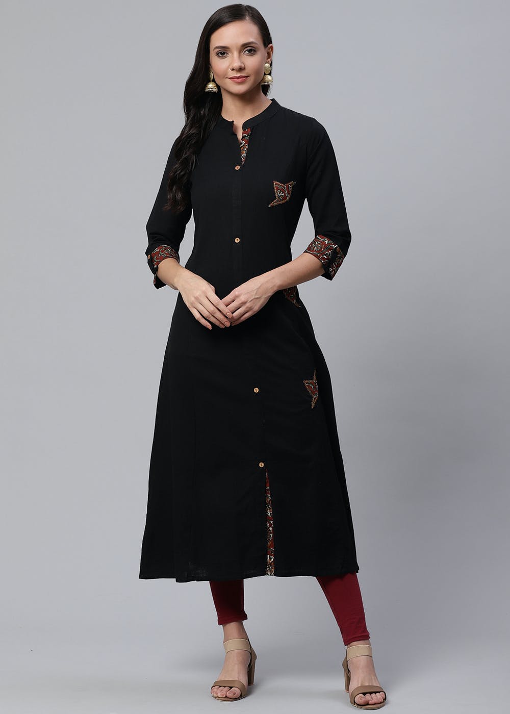 Sequined Kalamkari Patch Detail Solid Khadi Kurta - Black