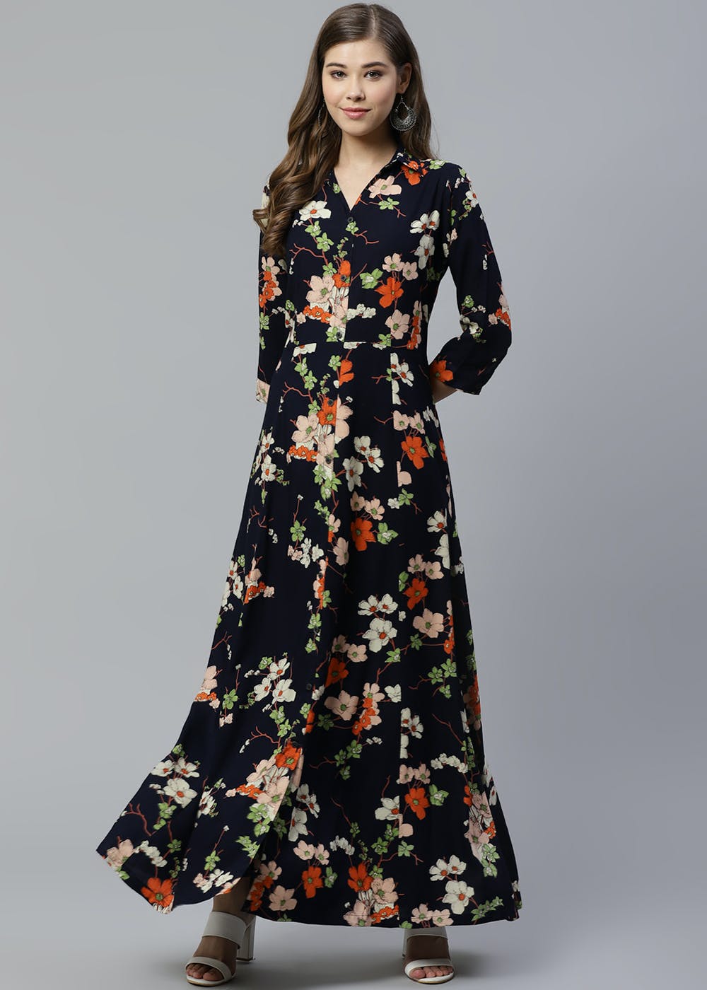 Contrast Floral Printed A-Line Rayon Long Dress - Blue