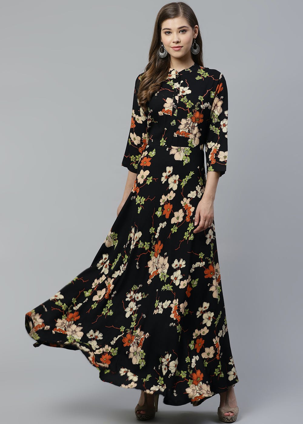 Contrast Floral Printed A-Line Rayon Long Dress - Black
