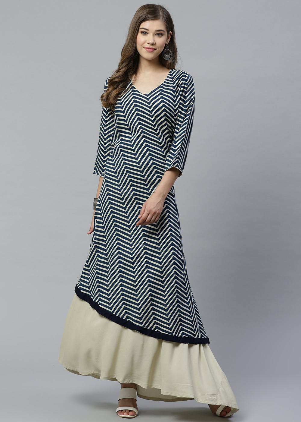 Get Asymmetrical Hem Detail Double Layered Abstract Printed Kurta at ...