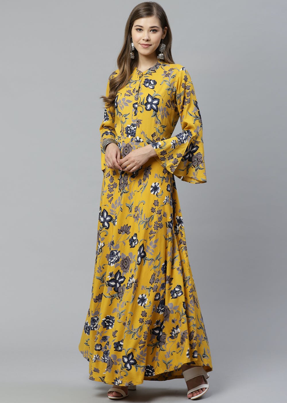 Bell Sleeves Detail Mustard Floral Printed Anarkali Kurta