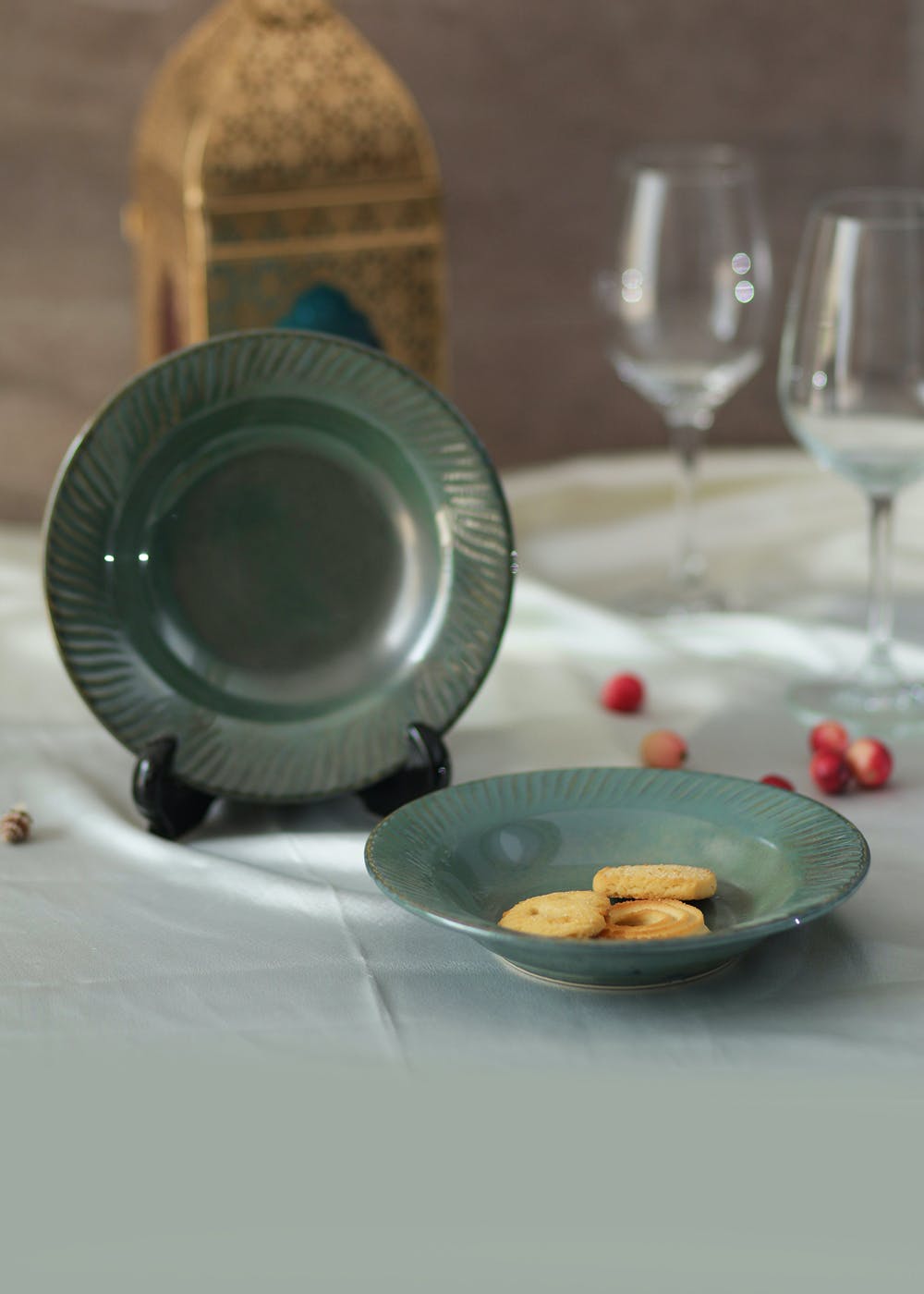 Studio Pottery Pasta Plate - Set Of 4 - Olive Green