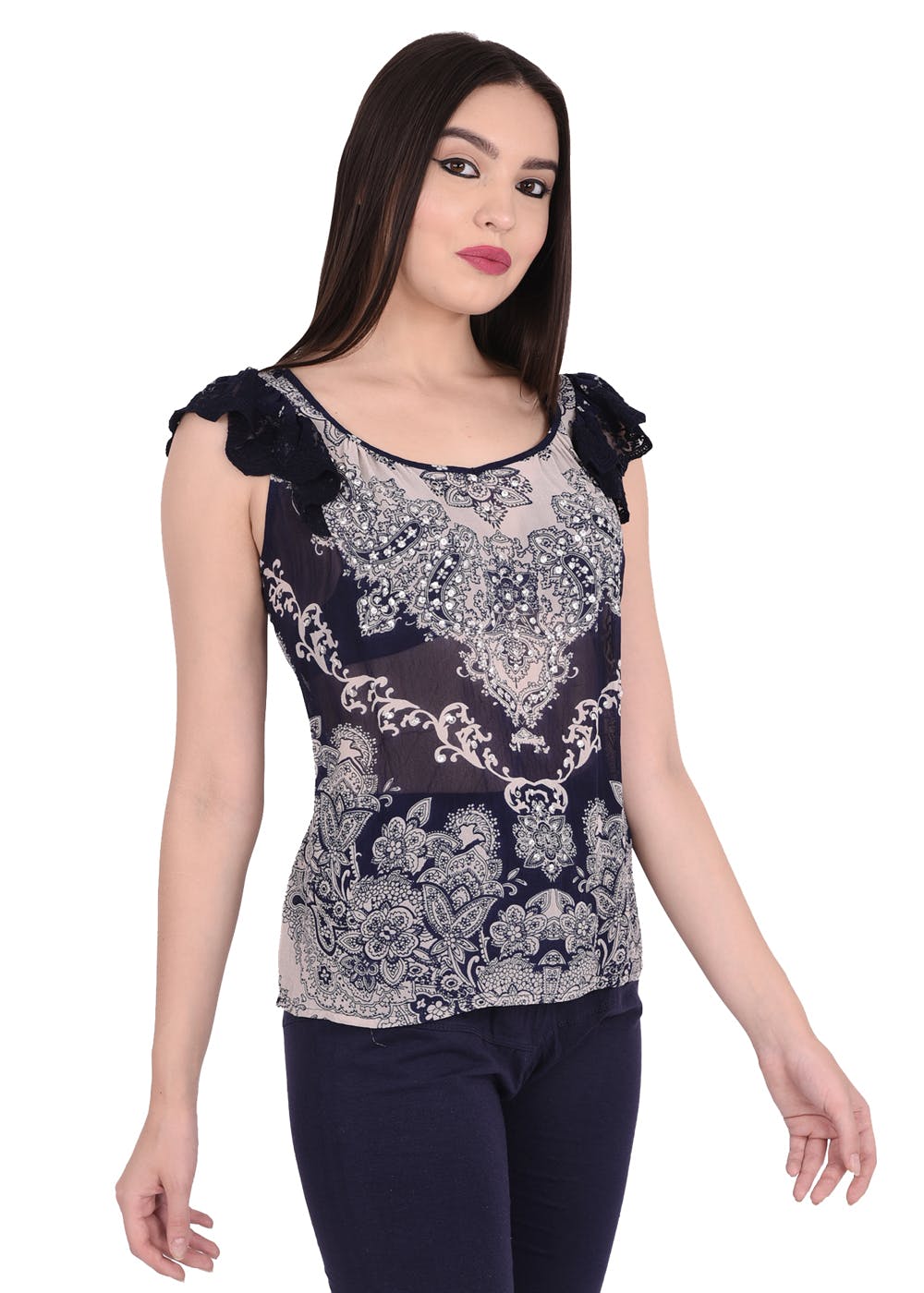 Ruffled Armhole Detail Navy Printed Sequined Top