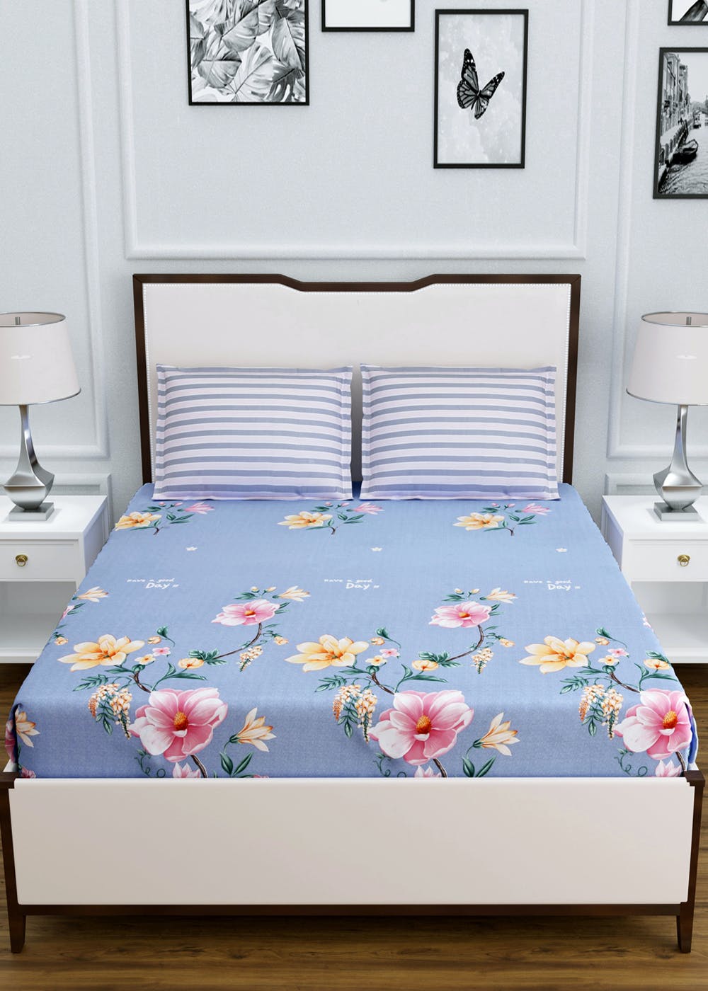 Get Big Floral Printed Blue Cotton Queen Size Bedsheet Set at ₹ 899