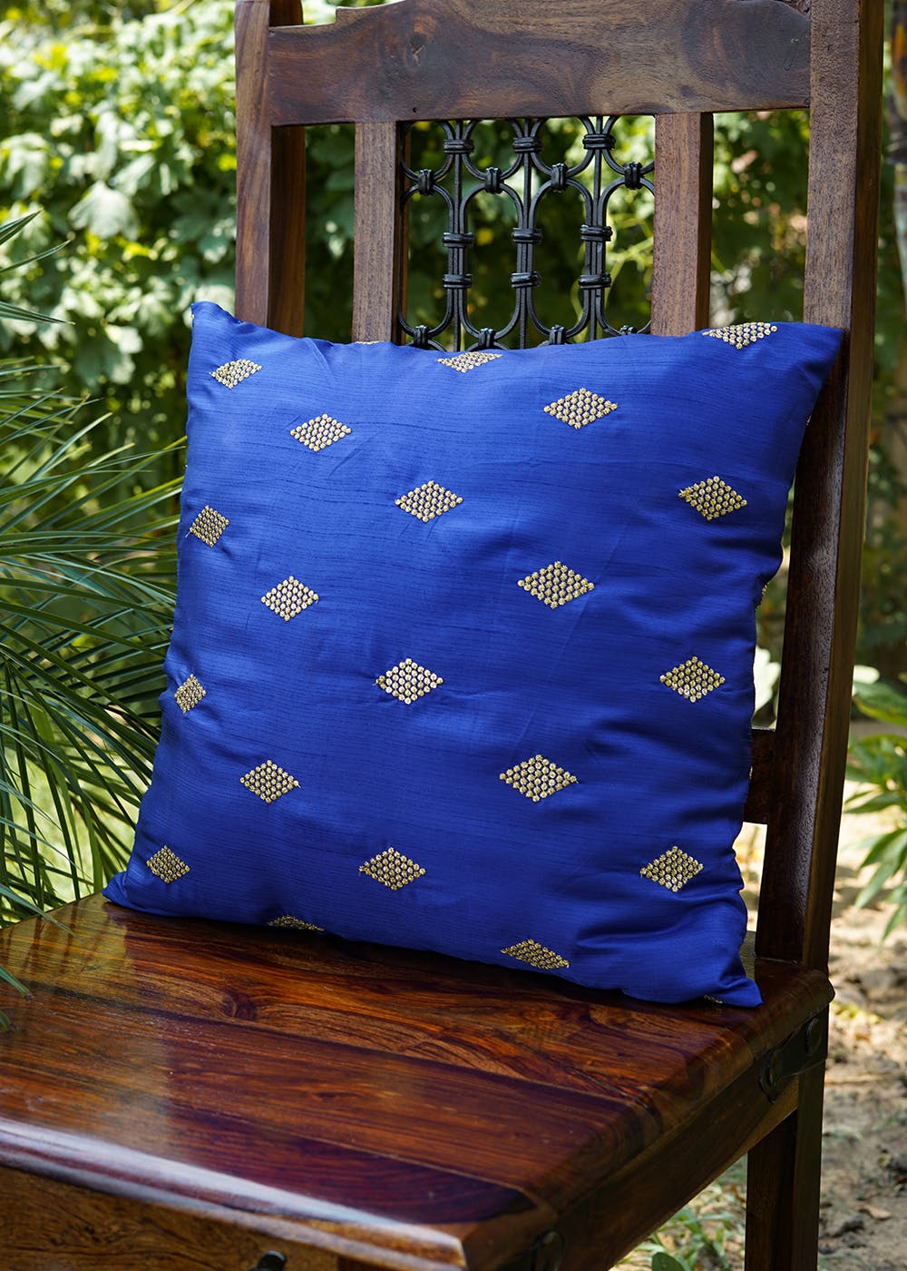 Handembroidered Beaded Blue Silk Cushion Cover