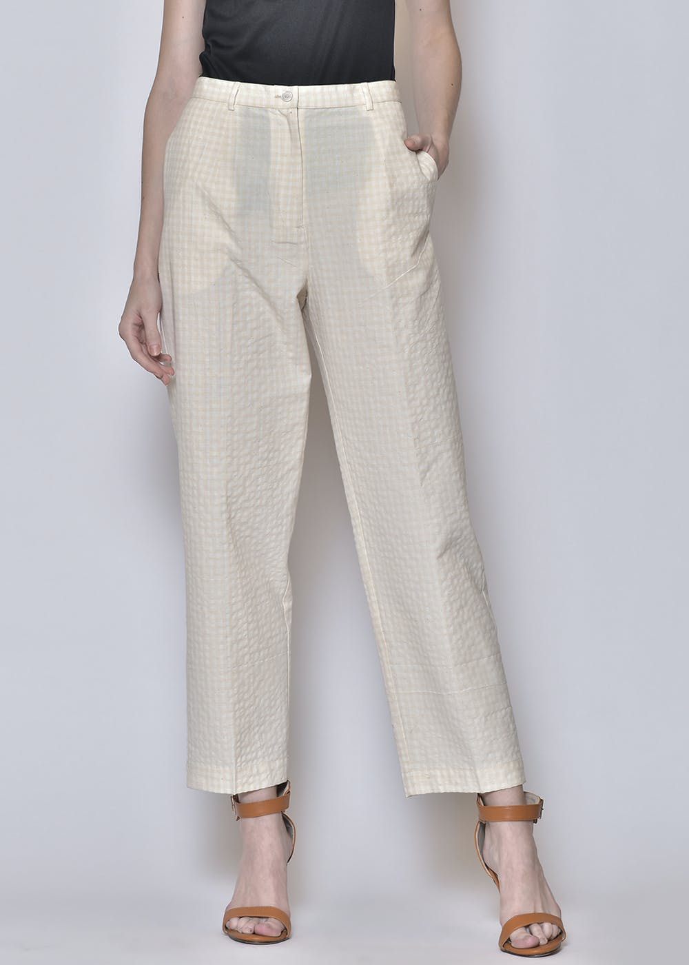 Get Self Design Beige Linen Trousers at ₹ 1499 | LBB Shop